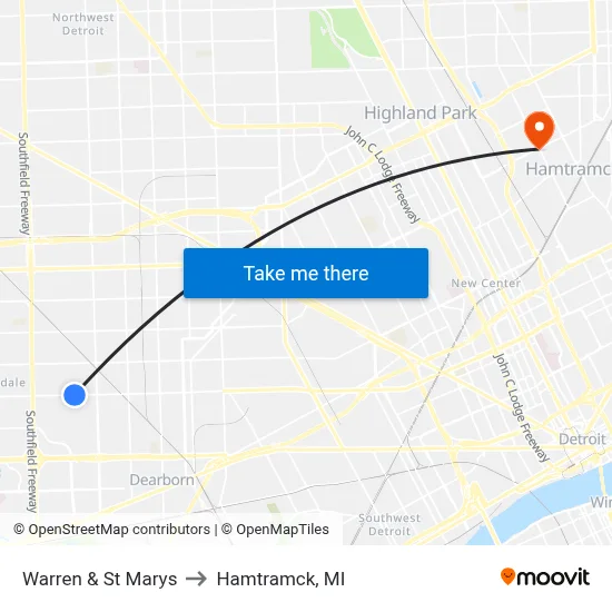 Warren & St Marys to Hamtramck, MI map