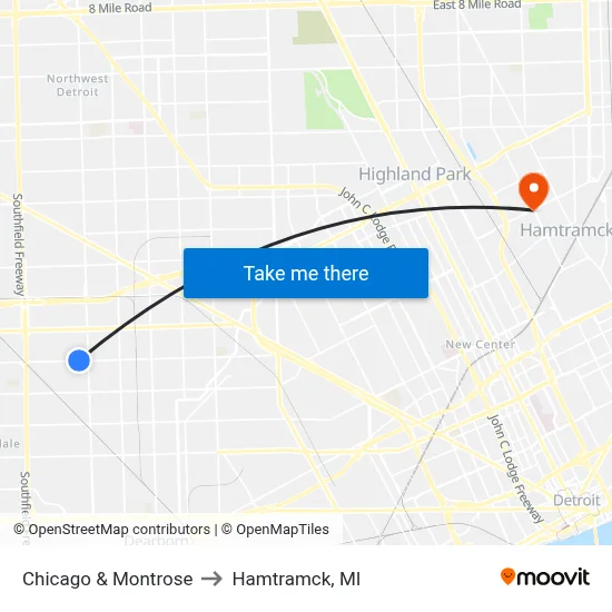 Chicago & Montrose to Hamtramck, MI map