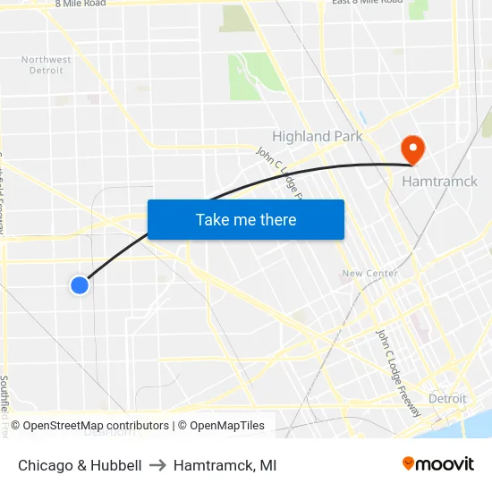 Chicago & Hubbell to Hamtramck, MI map