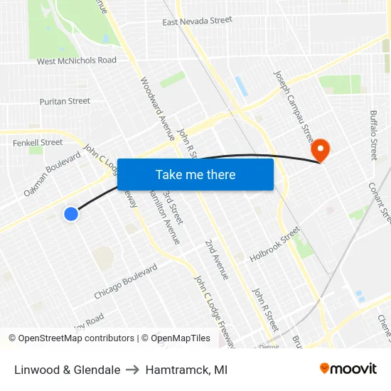 Linwood & Glendale to Hamtramck, MI map