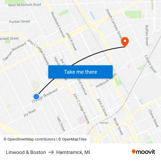 Linwood & Boston to Hamtramck, MI map