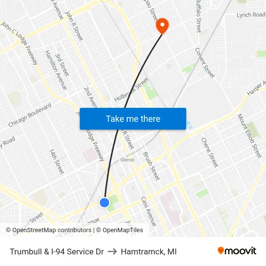 Trumbull & I-94 Service Dr to Hamtramck, MI map