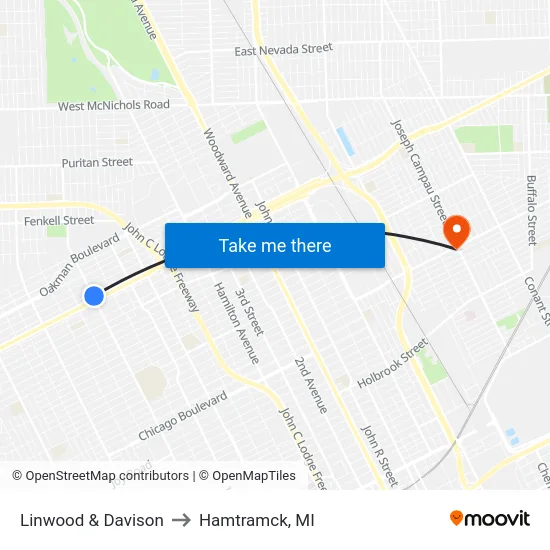 Linwood & Davison to Hamtramck, MI map