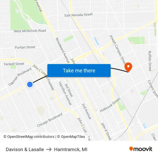 Davison & Lasalle to Hamtramck, MI map