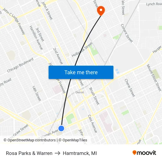 Rosa Parks & Warren to Hamtramck, MI map