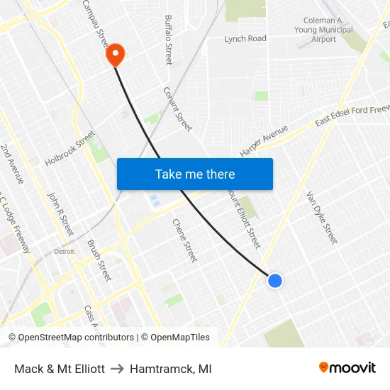 Mack & Mt Elliott to Hamtramck, MI map