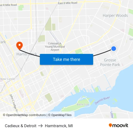 Cadieux & Detroit to Hamtramck, MI map