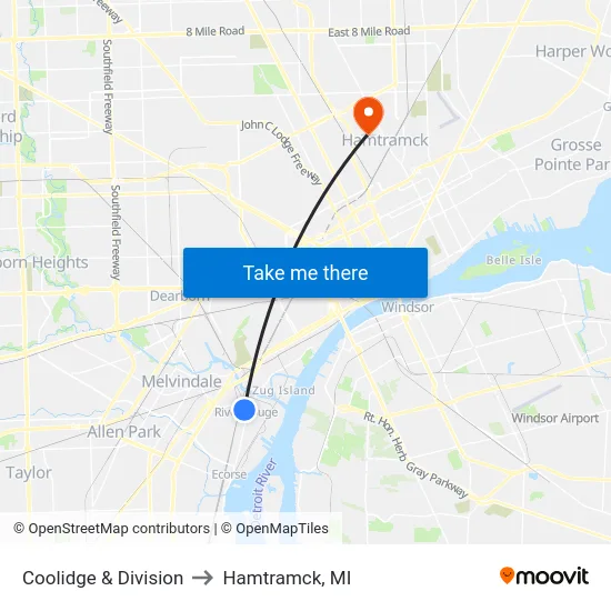 Coolidge & Division to Hamtramck, MI map