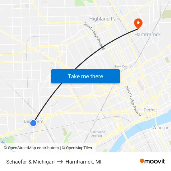 Schaefer & Michigan to Hamtramck, MI map