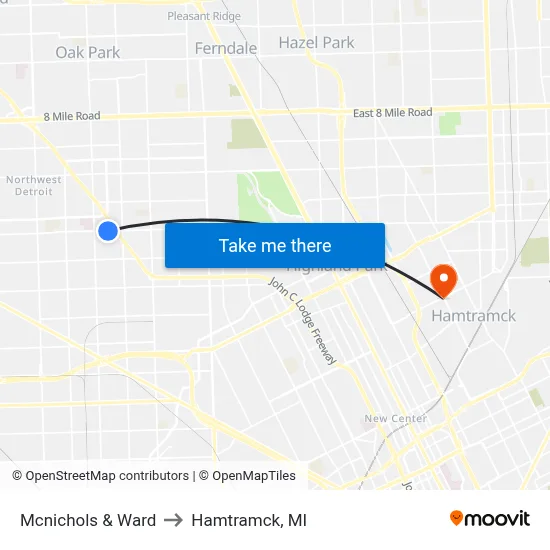 Mcnichols & Ward to Hamtramck, MI map