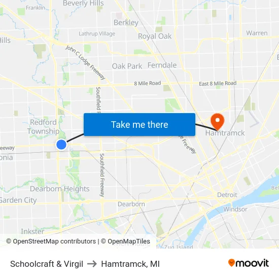 Schoolcraft & Virgil to Hamtramck, MI map