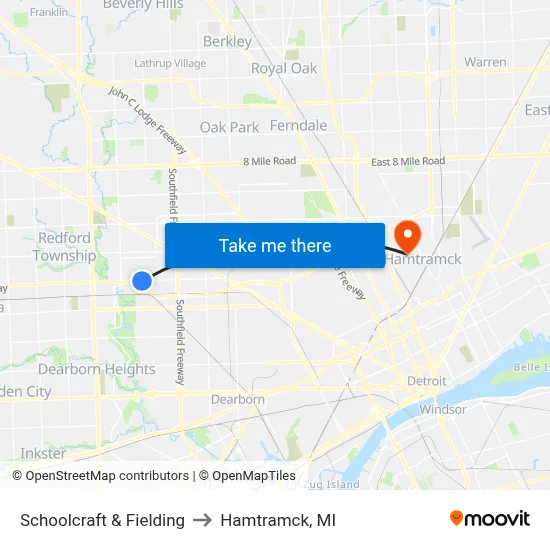 Schoolcraft & Fielding to Hamtramck, MI map