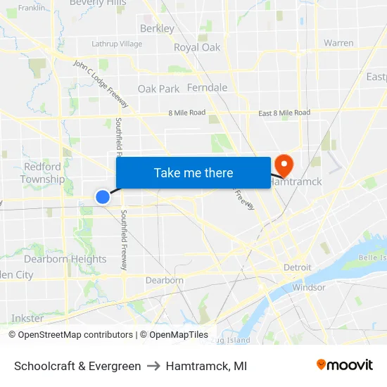 Schoolcraft & Evergreen to Hamtramck, MI map
