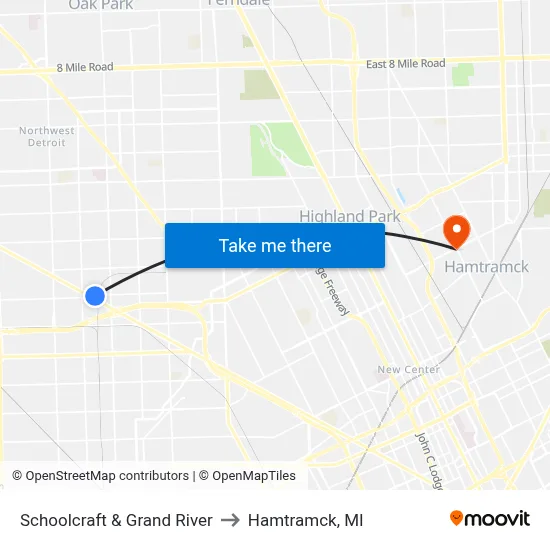 Schoolcraft & Grand River to Hamtramck, MI map