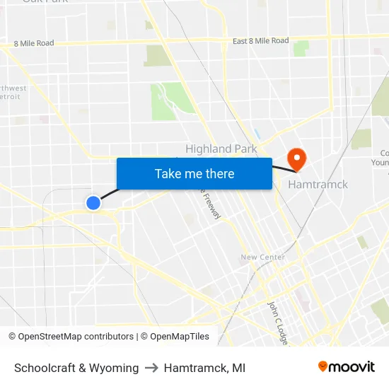 Schoolcraft & Wyoming to Hamtramck, MI map