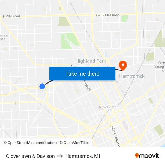Cloverlawn & Davison to Hamtramck, MI map