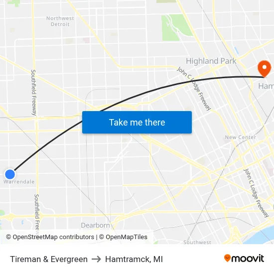 Tireman & Evergreen to Hamtramck, MI map