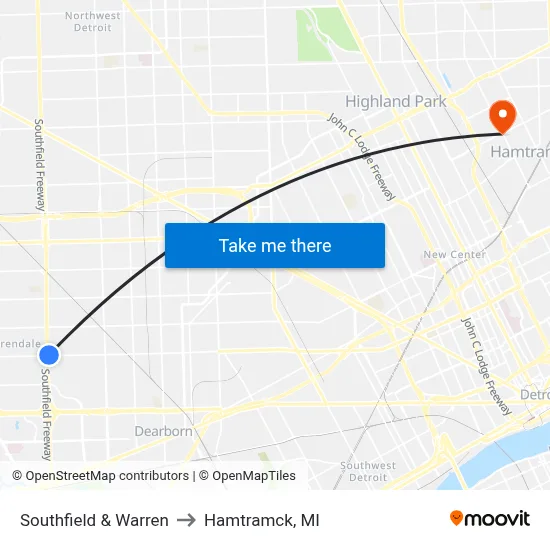 Southfield & Warren to Hamtramck, MI map