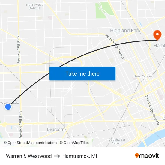 Warren & Westwood to Hamtramck, MI map