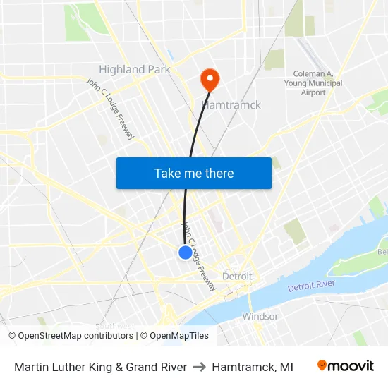 Martin Luther King & Grand River to Hamtramck, MI map