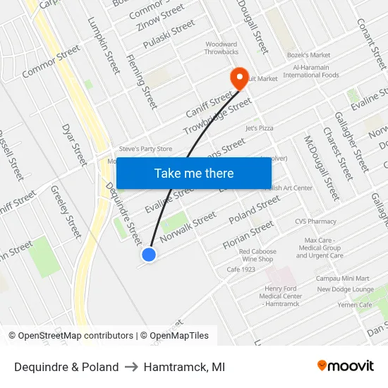 Dequindre & Poland to Hamtramck, MI map