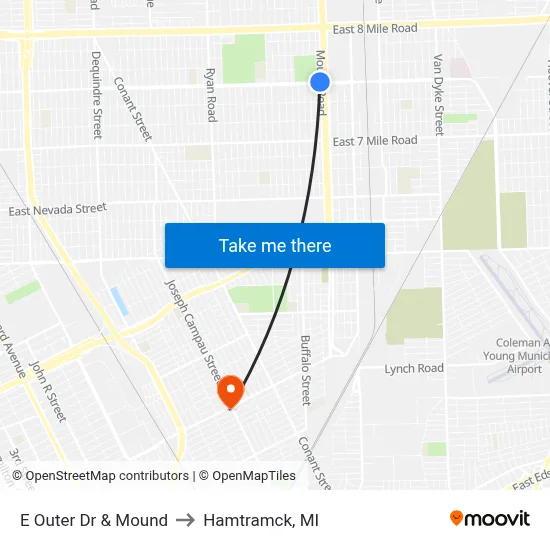 E Outer Dr & Mound to Hamtramck, MI map