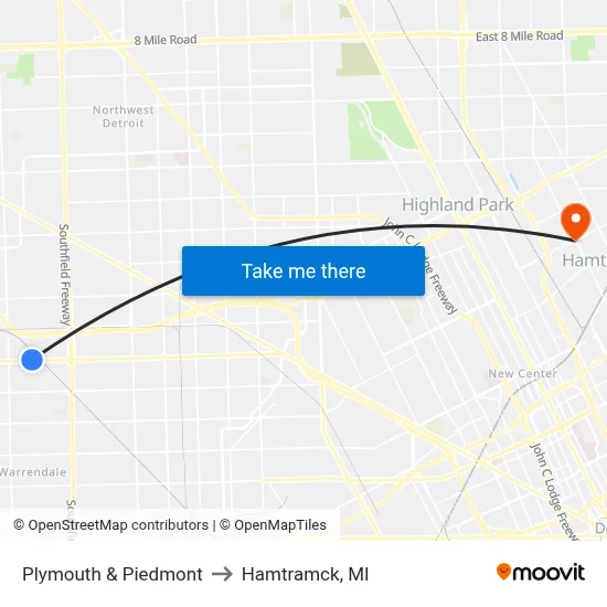 Plymouth & Piedmont to Hamtramck, MI map