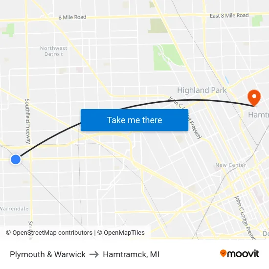 Plymouth & Warwick to Hamtramck, MI map