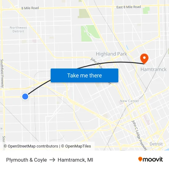 Plymouth & Coyle to Hamtramck, MI map