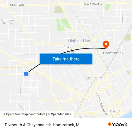 Plymouth & Cheyenne to Hamtramck, MI map