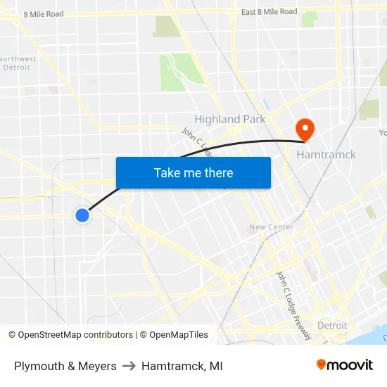 Plymouth & Meyers to Hamtramck, MI map