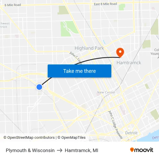 Plymouth & Wisconsin to Hamtramck, MI map