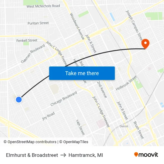 Elmhurst & Broadstreet to Hamtramck, MI map
