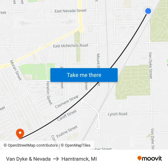 Van Dyke & Nevada to Hamtramck, MI map