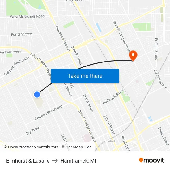 Elmhurst & Lasalle to Hamtramck, MI map