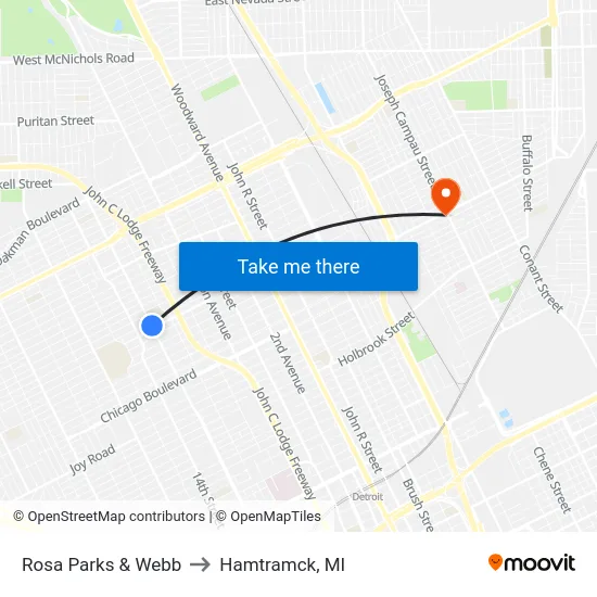 Rosa Parks & Webb to Hamtramck, MI map