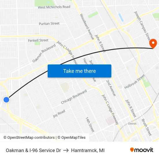 Oakman & I-96 Service Dr to Hamtramck, MI map