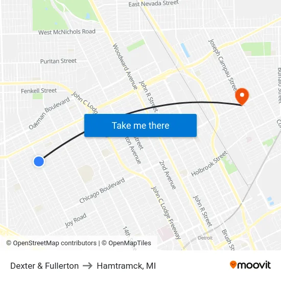 Dexter & Fullerton to Hamtramck, MI map