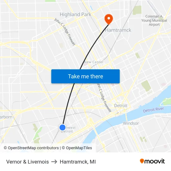 Vernor & Livernois to Hamtramck, MI map