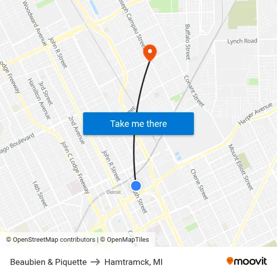 Beaubien & Piquette to Hamtramck, MI map