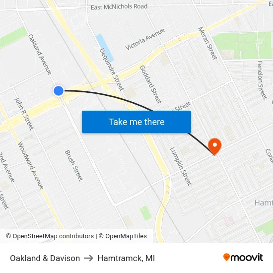 Oakland & Davison to Hamtramck, MI map