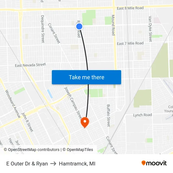 E Outer Dr & Ryan to Hamtramck, MI map