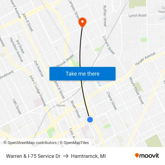 Warren & I-75 Service Dr to Hamtramck, MI map