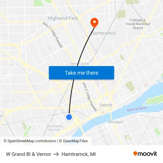 W Grand Bl & Vernor to Hamtramck, MI map
