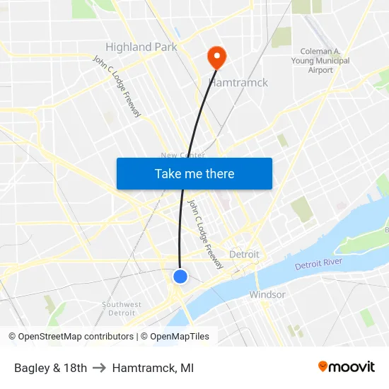 Bagley & 18th to Hamtramck, MI map