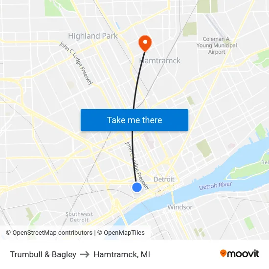 Trumbull & Bagley to Hamtramck, MI map