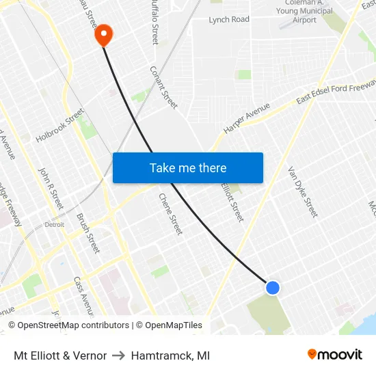 Mt Elliott & Vernor to Hamtramck, MI map