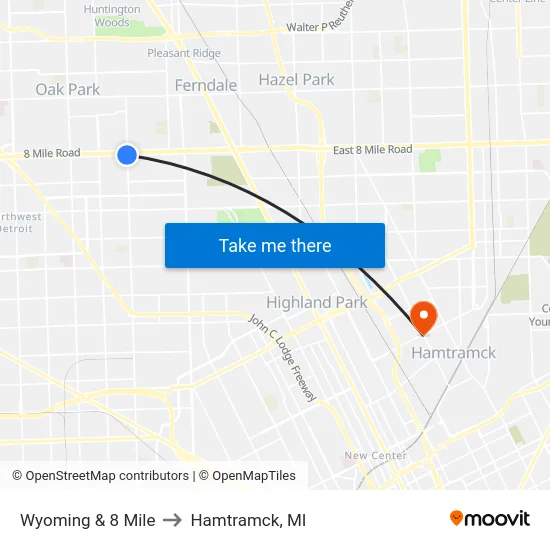 Wyoming & 8 Mile to Hamtramck, MI map