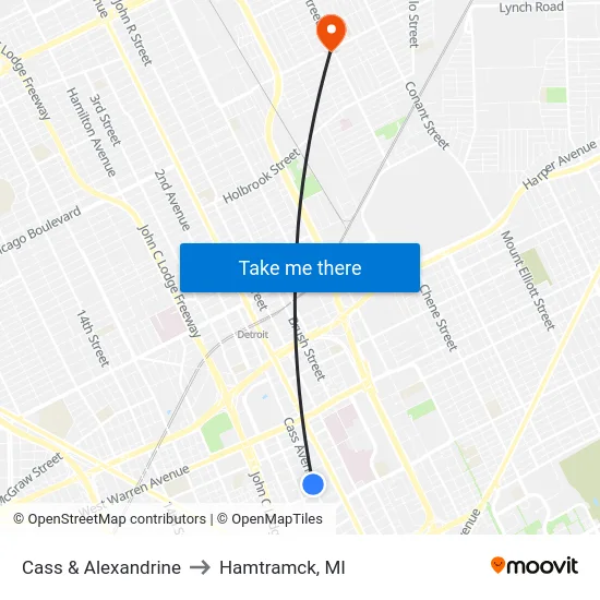 Cass & Alexandrine to Hamtramck, MI map