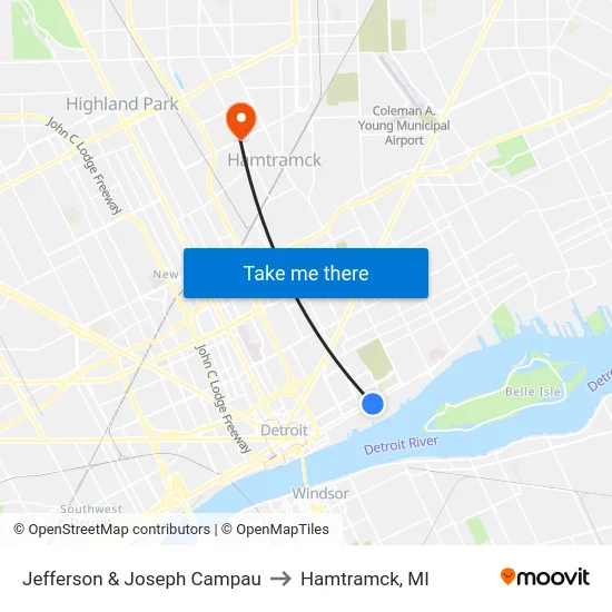 Jefferson & Joseph Campau to Hamtramck, MI map